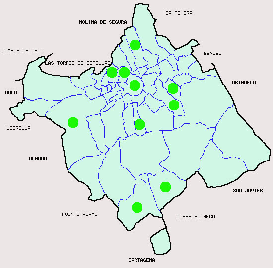 Mapa de las Aulas de Libre Acceso Inalámbricas de Murcia